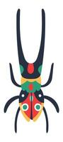 Brightly colored bug with long antennae, vibrant hues of red, green, yellow, and black, creating a striking visual contrast against white backdrop vector