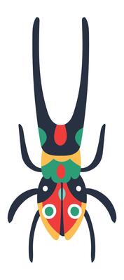 Brightly colored bug with long antennae, vibrant hues of red, green, yellow, and black, creating a striking visual contrast against white backdrop