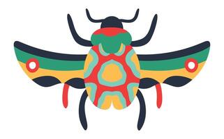 Brightly colored scarab beetle illustration with open wings, showcasing a vibrant and stylized design with red, green, yellow, and blue patterns, perfect for nature inspired projects vector