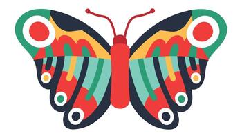 Colorful butterfly with open wings showing geometric patterns including circles and stripes, featuring red, green, yellow, and dark blue colors, creating a vibrant and eye catching design vector