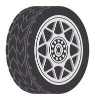 Close up view highlighting a tire with an alloy rim, showcasing intricate tread patterns and offering a detailed perspective of the wheel tire combination in automotive design vector
