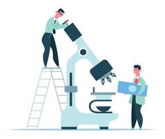 Two male scientists are conducting research using a large microscope, one scientist is standing on a ladder looking through the microscope while the other scientist is holding a slide vector