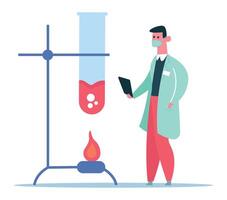 Scientist wearing mask holding tablet and observing test tube with boiling red liquid heating on bunsen burner, conducting scientific experiment in laboratory vector