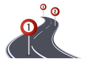 Winding road illustrating steps one to three, featuring road signs that guide the journey toward achieving goals. Each sign emphasizes the correct order for success and progress vector