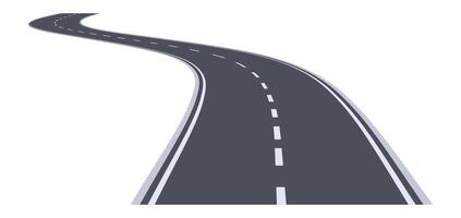 Winding highway disappearing into the distance with white lane markings on a white background representing concepts such as journey, travel, and transportation vector