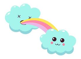 Kawaii illustration featuring two anthropomorphic clouds, one vomiting a rainbow towards the other, conveying a cheerful and whimsical atmosphere vector