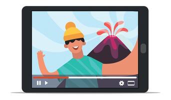 player interface on a tablet screen displaying a tourist taking a selfie while smiling and waving, with an erupting volcano creating an exciting backdrop in the landscape vector