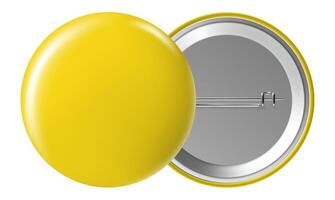 Yellow blank badge displaying both front and back sides, featuring a pin button resting on a clean white background. Ideal for branding, advertising, or promotional use vector