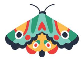 Colorful moth spreading its bright wings with heart shapes, showing a vibrant and playful design, perfect for children's illustrations or nature inspired projects vector