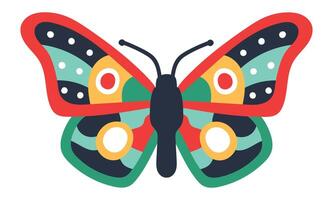 Stylized drawing of a butterfly with open wings, featuring red, green, yellow, white, and black colors in a vibrant and eye catching design vector