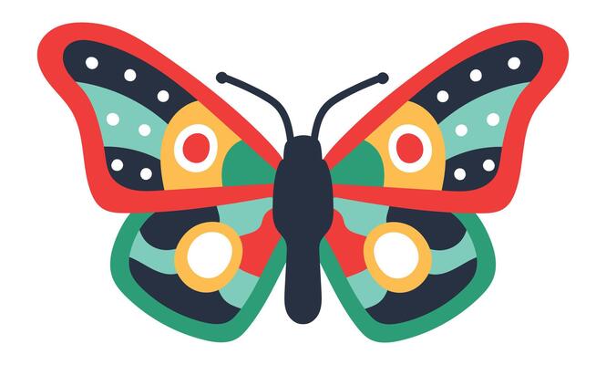 Stylized drawing of a butterfly with open wings, featuring red, green, yellow, white, and black colors in a vibrant and eye catching design