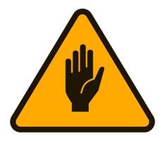 Stop hand signal is depicted inside a yellow triangular warning sign with a black border, representing a clear message to halt or cease any further action vector