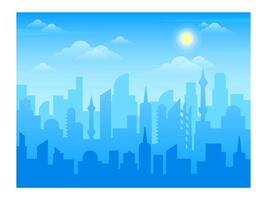 Modern urban cityscape silhouette with skyscrapers and towers rising against a sunny blue sky with fluffy clouds creating a vibrant and futuristic atmosphere vector