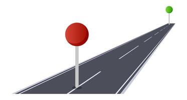 Red and green push pins marking the starting point and destination along a long road, representing the excitement of planning a road trip or journey filled with adventure vector
