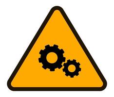 Yellow triangular warning sign featuring two gears, symbolizing potential hazards associated with automated machinery and industrial processes, emphasizing workplace safety and risk prevention vector