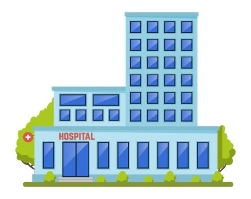Modern hospital building with blue windows and emergency sign, surrounded by trees, representing healthcare, medical services, and treatment