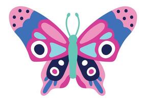 Pink butterfly adorned with blue decorations, featuring large black eyes and a light green body, displaying vibrant, colorful wings against a clean white background vector