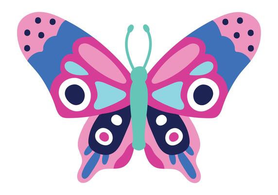 Pink butterfly adorned with blue decorations, featuring large black eyes and a light green body, displaying vibrant, colorful wings against a clean white background