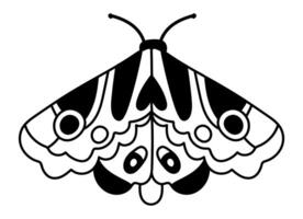 Minimalist black and white drawing of a moth spreading its wings, featuring a heart shaped pattern on its body, ideal for tattoo designs or decorative elements vector