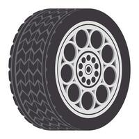 Car wheel featuring a detailed tread pattern rolls forward, embodying concepts of automotive parts, transportation solutions, and essential vehicle maintenance practices vector