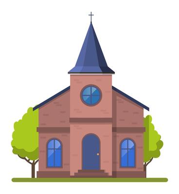Brick church building with cross, steeple, arched windows and blue door stands among green trees under a clear sky, representing faith, community, and architectural heritage