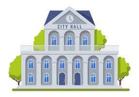 Classic government building, the City Hall, stands tall with a clock, trees, and blue framed windows, symbolizing civic administration and community governance vector