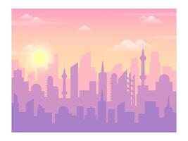 Modern urban skyline glowing at sunrise, featuring towering skyscrapers and diverse buildings. Soft pastel colors blend with a cloudy sky, creating a stunning cityscape vector