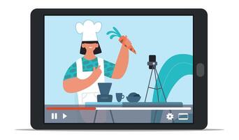 Smiling woman chef wearing a toque and apron holding a carrot while recording a recipe on a tablet with a smartphone on a tripod, creating online cooking content vector