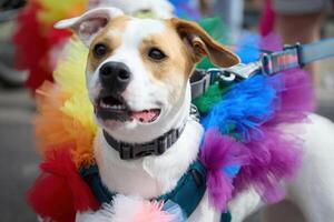 Pride Colorful Dog Parade. Two dogs dressed in bright rainbow tutus photo