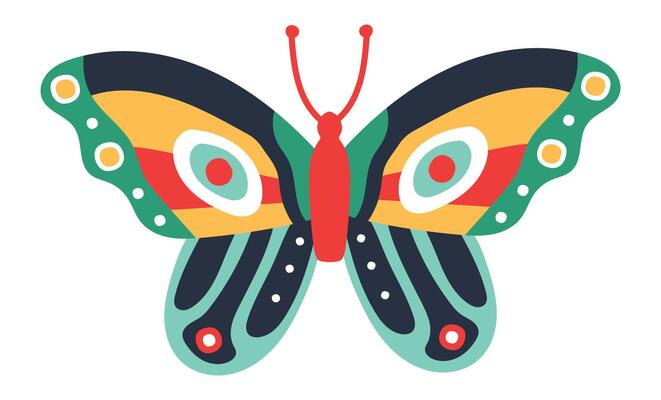 Butterfly with colorful wings showcasing a vibrant palette of red, yellow, green, and blue, creating an eye catching and cheerful design perfect for any artistic project