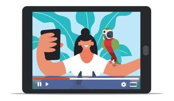 blogger recording a lively vlog with her smartphone while an exotic parrot perches on her arm, as the plays on a tablet in front of her vector
