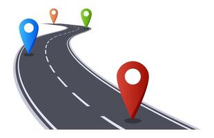 Colorful location pins marking the route along a winding road, representing navigation, journey planning, and the excitement of reaching new destinations and adventures vector