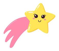 Charming cartoon illustration featuring a kawaii five pointed yellow star with a joyful smile and large eyes, leaving a delightful pink trail while soaring through the vastness of space vector