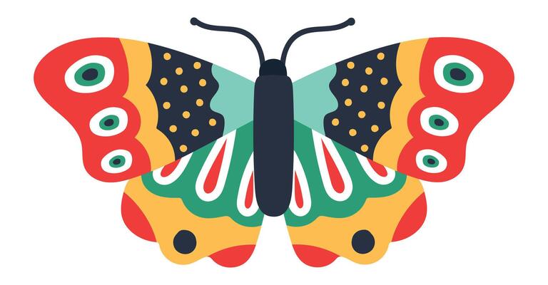 Vibrant butterfly with colorful wings featuring a symmetrical design and decorative patterns, representing beauty, nature, and entomology