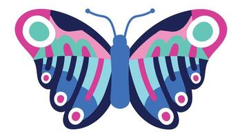 Vibrant butterfly with symmetrical wings displays a colorful pattern, featuring shades of pink, blue, and green, creating a visually appealing and decorative design vector