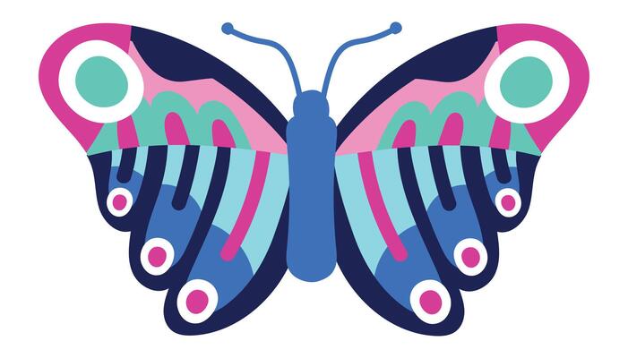 Vibrant butterfly with symmetrical wings displays a colorful pattern, featuring shades of pink, blue, and green, creating a visually appealing and decorative design
