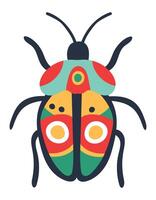 Cartoon illustration of a colorful bug with decorative patterns standing on a white background, showcasing bright colors and intricate details vector