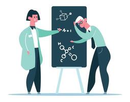 Two scientists, a woman wearing a lab coat and a man wearing a tie, are analyzing chemical formulas and molecular structures drawn on a blackboard during a research or educational activity vector