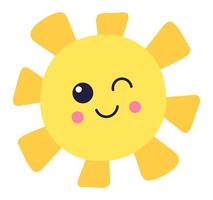 Cheerful, winking sun character with rosy cheeks radiating joy and warmth, bringing playful charm and a delightful touch to any design or illustration. Perfect for summer themed projects vector