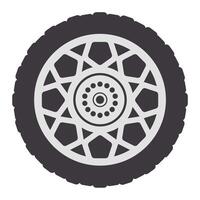 Grayscale illustration presents a detailed view of a car tire featuring a unique rim design, highlighting the tire tread and hubcap details against a clean white background vector