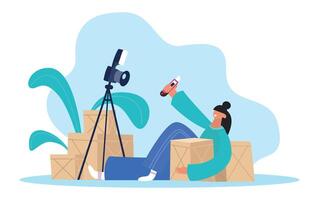 Smiling female influencer making online stream, demonstrating new product, recording blog, filming brand advertising, creating content for social media, showing purchase from online store vector