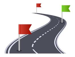 Winding road is leading to different checkpoints marked with red and green flags symbolizing the path to success, achievement of goals and overcoming challenges vector