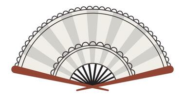 Hand fan with wooden sticks at the bottom and gray and white leaf radiating from center, creating a beautiful semicircle with a scalloped edge vector