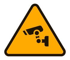 Yellow triangular warning sign with black frame showing operating surveillance camera, enhancing security and deterring potential threats in monitored area vector