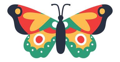 Colorful butterfly with open wings showing a symmetrical pattern with red, yellow, green and black colors, isolated on white background, ideal for children illustrations and nature related designs vector