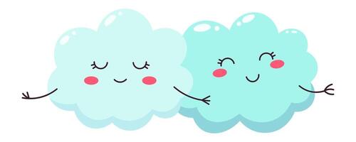 Two adorable cartoon clouds embrace each other with closed eyes and blushing cheeks, expressing warmth, affection, and companionship in a delightful display of friendship vector