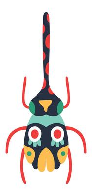 Cartoon illustration of a colorful bug with dotted antennas, red legs, and a stylized face, standing out against a clean white background, creating a vibrant and whimsical image