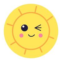 Cartoon sun character winking and smiling, radiating warmth and happiness, creating a joyful and playful atmosphere filled with positivity and cheerful vibes vector