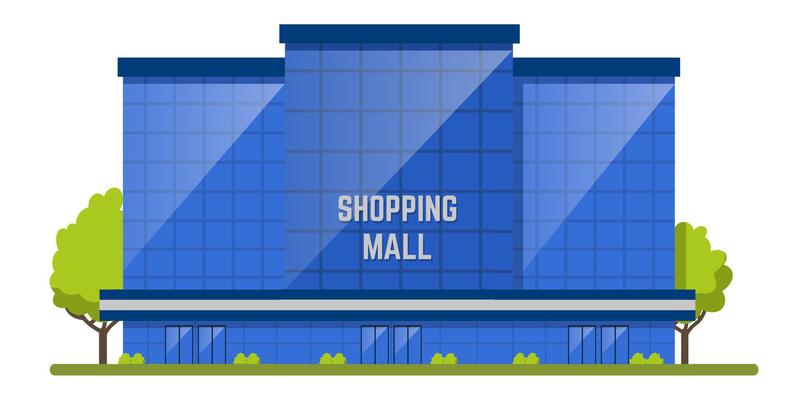 Large blue shopping mall with glass facade reflecting sunlight, surrounded by green trees and bushes, offering a modern and inviting space for retail therapy and leisure activities