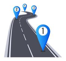 Winding road featuring numbered location pins along the route, representing a journey filled with planning and progress towards a specific destination and future achievements vector